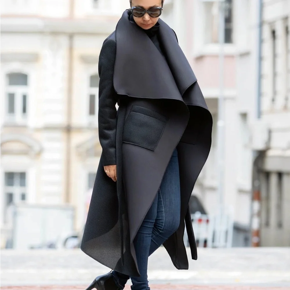 Black Asymmetric Neoprene Coat - Handmade Belted Wrap - Picture 1 of 4